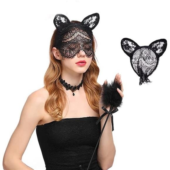YERTTER Sexy Cat Ear Black Lace Halloween Headband with Veil Mask Headpieces main image 6